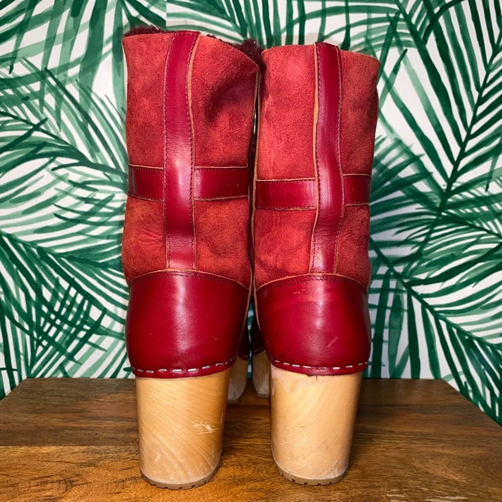 Sweedish Hasbeens Red Leather Shearling Wood Platform Ankle Boots Women’s 39/9 - Picture 6 of 13